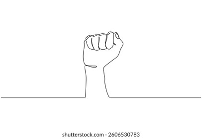 Continuous line hand clenched fist.one line drawing of hand clenched fist upwards, Fist upwards one continuous line art. outline border frame.