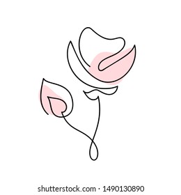 Continuous line hand drawing calligraphic vector flower rose concept logo beauty. Monoline spring floral design element in minimal style. Valentine love concept