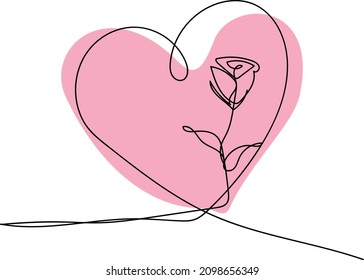 Continuous line hand drawing calligraphic vector flower with heart. Rose in a minimalist style. Valentine love concept