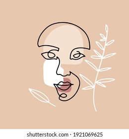 Continuous line hand drawing of female face with leaves, fashion concept, woman beauty minimalist with geometric doodle abstract floral elements.Oneline continuous drawing. Linear vector illustration.
