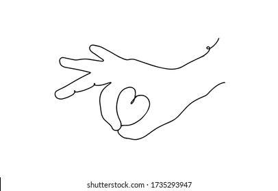 continuous line of hand drawing showing a sign of love. Ok gesture continuous line. hand with heart. continuous line drawing of hand showing OK gesture in form of heart