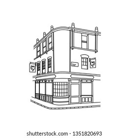 Continuous Line Hand Drawing Of A Street Corner With Buildings And Restaurant. Vector Illustration. 