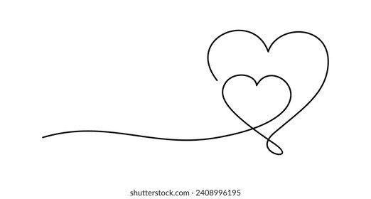 Continuous line hand drawing of two hearts icon. Simple and minimalist symbol of love. Holiday card, romantic, wedding design elements. 