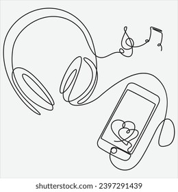 Continuous line hand drawing vector illustration headphone music with phone art