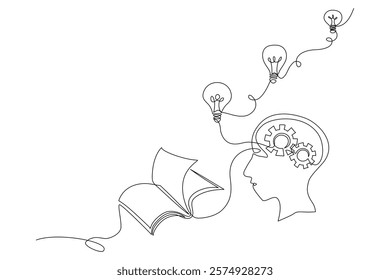 Continuous line hand drawn of book, Cog wheels in head symbolizing thought. Lightbulbs flow from an open book, representing knowledge, creativity, idea, innovation, Vector illustration Editable line