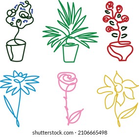 Continuous line hand drawn flowers and potted plants