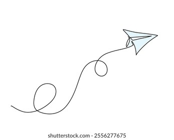 Continuous line hand drawn of paper plane, Cartoon doodle isolated on white background,  Arrow sign, Vector Illustration design, Blue color, Editable stroke