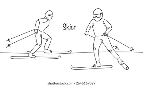 Continuous line hand drawn skier. Sportsman who practices skiing sports such as alpine skiing, cross-country skiing or biathlon. Simple vector on white background for different uses. Winter sport.