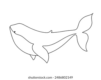 Línea continua dibujada a mano de ballena. Ilustración vectorial de Doodle