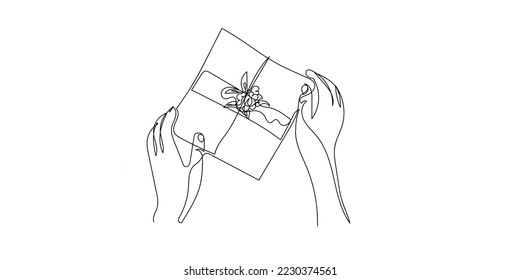 mano de línea continua y regalo.una línea vectorial ilustración de hacer un regalo.adecuado para tarjetas de felicitación navidad, cumpleaños y más
