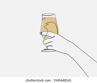 Continuous line, Hand with glass of wine. Drawing of set Party. (Vector illustration one line drawing)