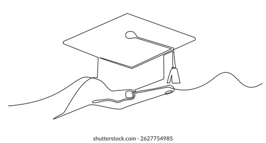 Mano de línea continua con tapa de graduación. Dibujo de línea única de mano abierta con tapa de graduación. Vector de línea única para educación, universidad, concepto de regreso a la escuela