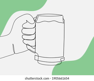 Continuous line, Hand holding beer mug. Drawing of set Beverage. (Vector illustration one line drawing)