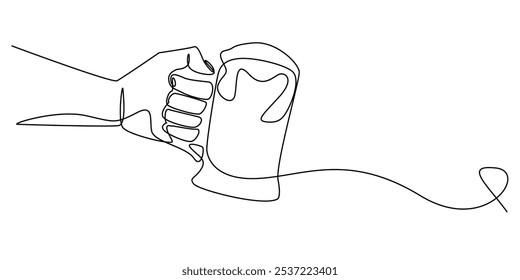 continuous line of hand holding beer glass.one line drawing of hand with foaming beer glass.single line vector illustration.isolated white background