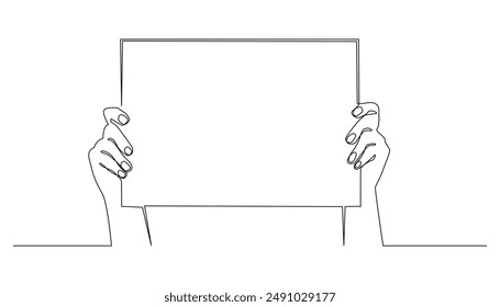 continuous line of hand holding blank white paper.business advertising design template one line vector drawing.single line vector illustration