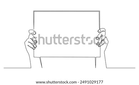 continuous line of hand holding blank white paper.business advertising design template one line vector drawing.single line vector illustration