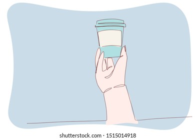 Continuous line Hand holding a coffee cup Simple line drawing Hand drawn style design Vector illustration