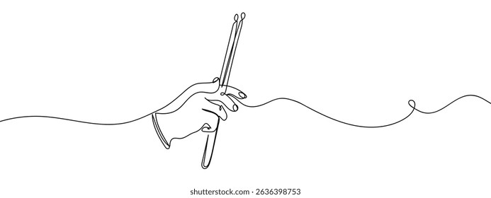 Continuous line, hand holding a drumstick, drumming, playing music. line art vector.