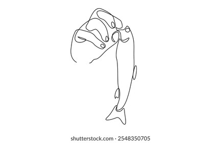 linha contínua de mão segurando peixe ilustração