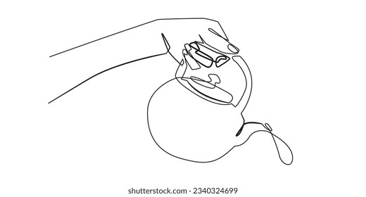 continuous line of hand holding kettle. single line of hand pouring water from kettle