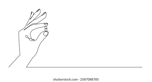 continuous line of hand holding medicine tablet.one line drawing of hand showing medicine.single line vector illustration of taking medicine.one line concept health