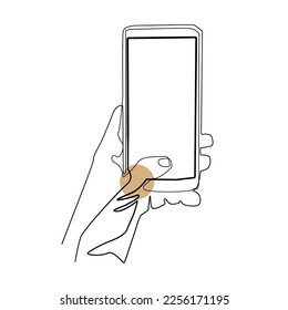 continuous line of hand holding mobile phone. line art of operating smartphone. one line drawing of today's communication device