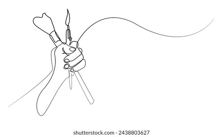 Kontinuierliche Linie der Hand halten Malerpinsel.Vektor Einzelne Linie der Hand tragen Malutensilien.Isolierter weißer Hintergrund