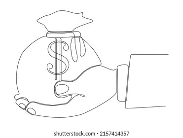 
continuous line Hand holding a sack of dollar bills, vector illustration design. Hand collection.