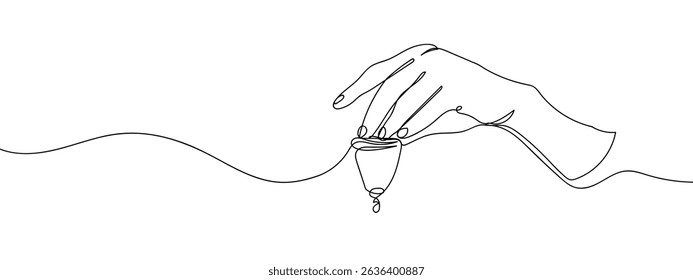 Continuous line. Hand holding a sanitary cup. line art vector.