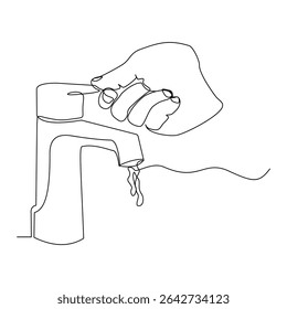 Mão de linha contínua segurando torneira de torneira de água pia banheiro e equipamento de cozinha doméstico esboço desenho editável traço vetor ilustração