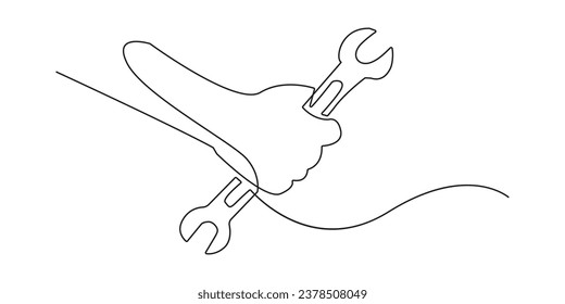 continuous line of hand holding a wrench. line art of hand and wrench. business background of motorbike service, engine service and others