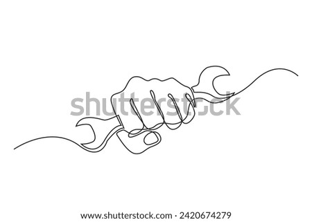 continuous line of hand holding wrench.drawing of one line of hand and wrench.line element design for workshop,service,repair
