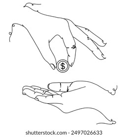 Continuous line of hand holds a coin and gives it to another isolated on transparent background. vector illustration