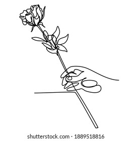 Continuous line Hand holds rose flower. Single line modern minimalistic style. Sketch for Valentine's Day, Romantic collection, print, wedding, invitation, etc. Vector illustration.