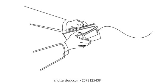 continuous line of hand opening wallet and taking out banknotes.one line drawing of cash payment,money exchange,purchase.single line vector illustration.isolated white background