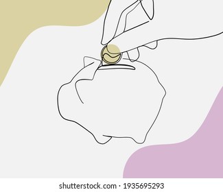 Continuous line, Hand put money coin into piggy bank . Drawing of set Finance. (Vector illustration one line drawing)