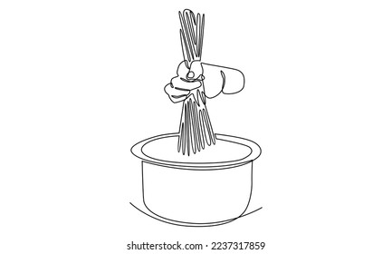 continuous line of hand putting spaghetti into saucepan