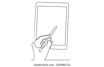 Continuous line of hand with stylus pen writing on tablet