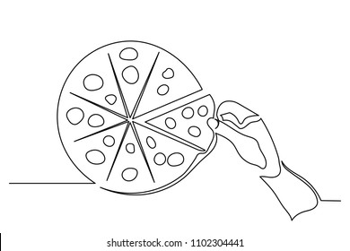 continuous line hand takes a slice of pizza. Concept of fast food. Delicious. Cafe in the street. Food delivery.