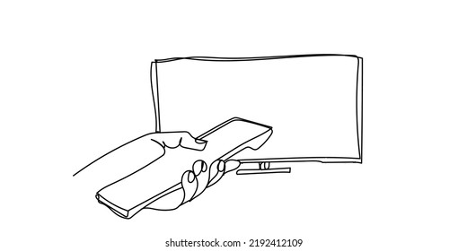 continuous line of hand and television remote. vector of hand line controlling television remote