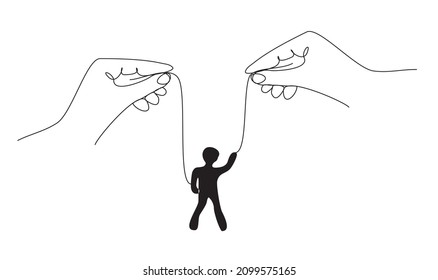 A continuous line of hand and thread, a puppet vector. The concept of exploitation, domination, control. Illustration 