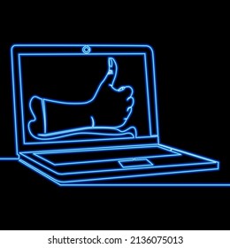 Continuous line Hand Thumb Up gesture on laptop screen neon