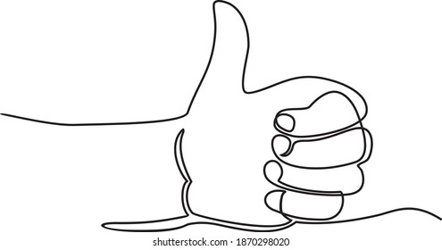 Continuous line hand thumbs up vector. The hand with the raised finger is drawn by one line on a white background. One-line drawing. Continuous line.