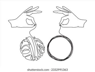 Continuous line of hand unraveling a tangle of unresolved problems. Metaphor of disorganized difficult problem, mess with black single continuous tangle thread in need of unraveling isolated on white