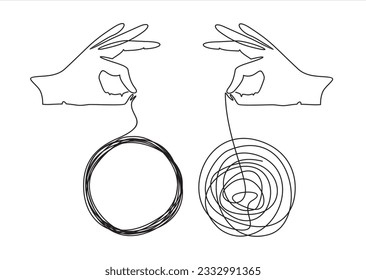 Continuous line of hand unraveling a tangle of unresolved problems. Metaphor of disorganized difficult problem, mess with black single continuous tangle thread in need of unraveling isolated on white