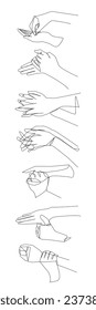 Continuous line of hand washing technique. Illustration of hand washing tutorial. Vector illustation.