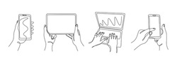 Continuous line hands with gadgets. One line female hands using phones laptop and tablet. Vector monoline set