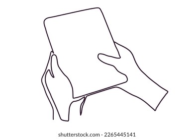 Manos de línea continuas con gadgets. Manos de una línea con teléfonos portátiles y tableta. Conjunto de monolina del vector