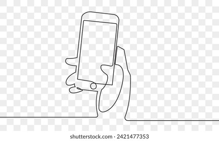 Manos de línea continuas con gadgets. Una línea de manos humanas usando teléfonos móviles con fondo transparente.