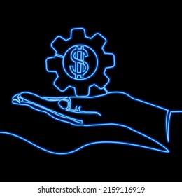 Continuous line Hands Hold Gear with dollar sign neon concept